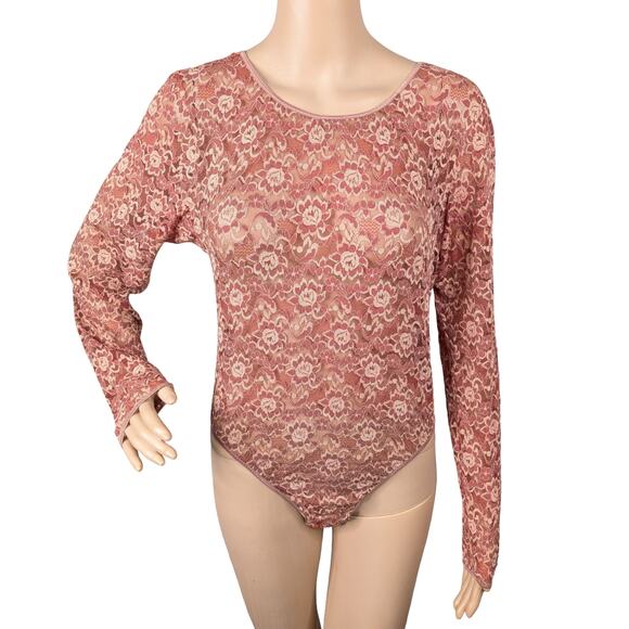 Provocation Tops - Vtg 90s Provocation Burnt Orange Lace Bodysuit M Sheer Floral Grunge Snap Bottom